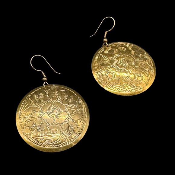 Vintage Gold Tone Brass Metal Pierced Earrings Dangling Disk Engraved *read* - Picture 4 of 6
